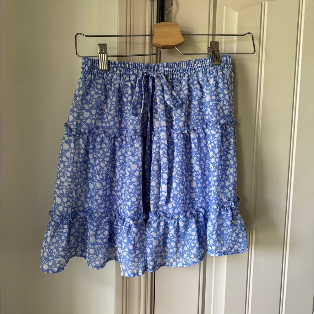 Blue Floral Skirt with Elastic Waist